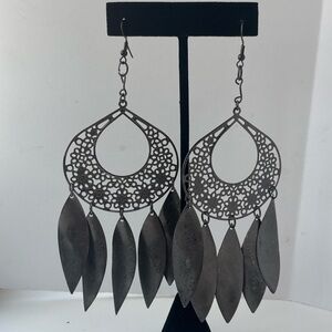 Giant Silver Filigree Leaf Chandelier Earrings - 6 Inch Boho Statement